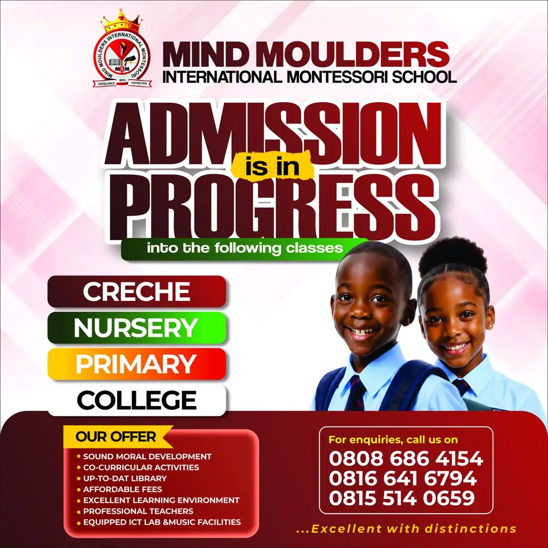 Mind Moulders admission flyer listing Creche, Nursery, Primary and College with school offerings and phone numbers